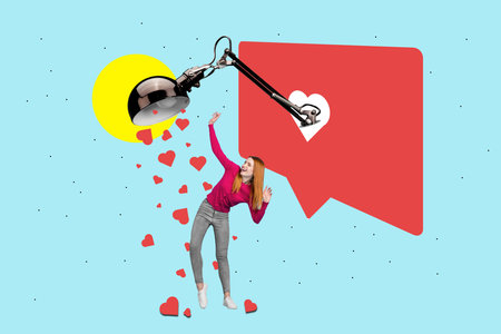 Magazine banner collage of lady experience like feedback falling rain light lamp message isolated on...