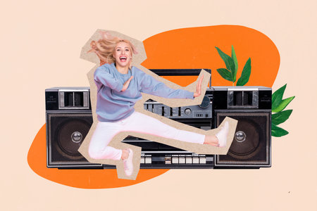 Creative drawing collage picture of funny funky energetic active jumping young woman dancing kick retro vintage boombox enjoy party weekendの写真素材