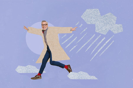 Retro abstract creative artwork template collage of running funny funky mature man coat autumn rainy weather clouds rainfall enjoy seasonの写真素材
