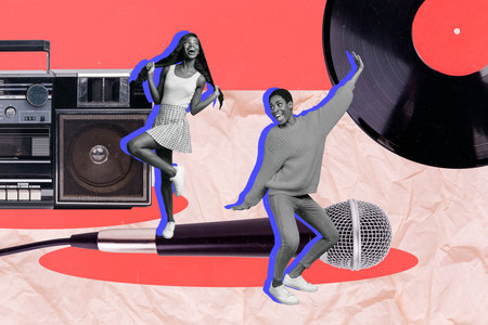 Creative abstract template collage of dancing funny energetic woman have fun retro vintage boombox...