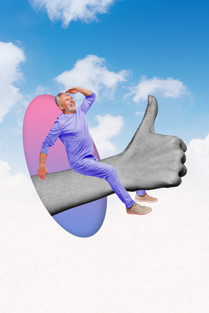 Exclusive magazine picture sketch image of excited happy smiling guy sitting big arm showing thumb up isolated painting backgroundの写真素材