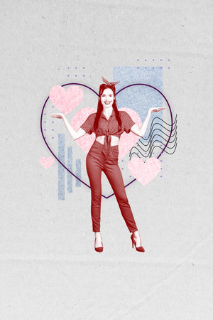 Photo sketch graphics artwork picture of charming smiling happy lady showing arms scales emty space isolated drawing backgroundの写真素材