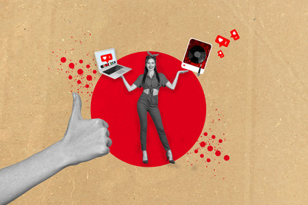 Photo sketch graphics artwork picture of happy smiling lady showing alternative modern vs retro audio device isolated drawing backgroundの写真素材