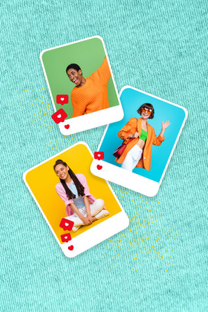 Vertical collage picture of people social network profile avatar photo like notifications isolated on creative backgroundの写真素材