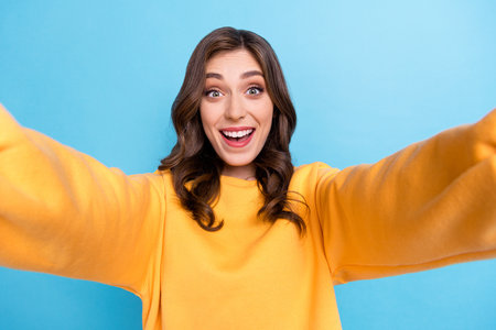 Closeup selfie photo of young attractive pretty gorgeous nice woman wear yelow sweater excited face...