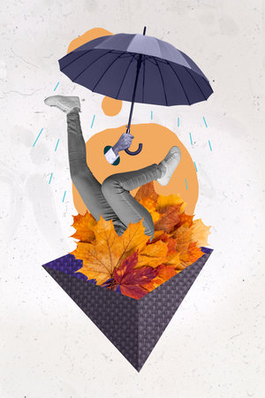 3d retro abstract creative artwork template collage of female legs upside down dive autumn maple leaves bunch pyramid hand hold umbrellaの写真素材