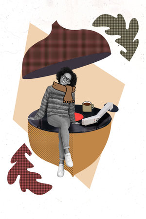 Creative 3d photo artwork graphics collage of witting half acorn vinyl record listen music enjoy comfort wear warp up warm scarf coffee cupの写真素材