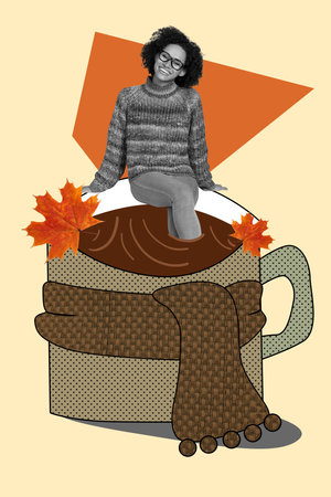 Creative trend collage of millennial positive lady immerse legs coffee cacao huge cup warp up knitted scarf cozy autumn leaves atmosphereの写真素材