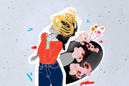 Creative drawing collage picture of elegant girlish young woman dancing enjoy vinyl recorder music orchid flower branch spring good moodの写真素材