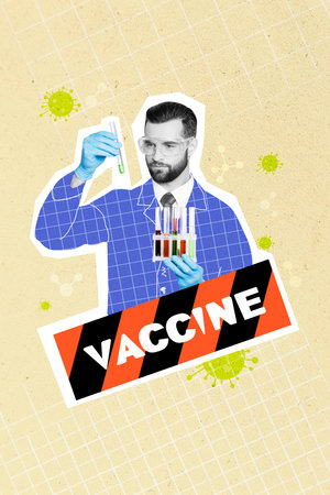 3d retro abstract creative artwork template collage of doctor laboratory assistant scientist hold chemical test tubes invent covid vaccineの写真素材