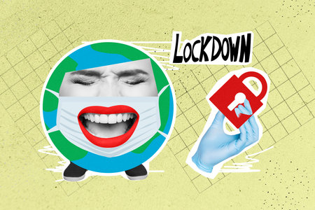 Creative abstract template collage of planet earth woman eyes closed mouth screaming wear mask lockdown global quarantine doctor hand lockの写真素材