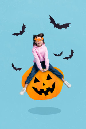 Creative drawing collage picture of happy excited little girl ride flying halloween pumpkin lumberjack carving cute face bat mask celebrateの写真素材