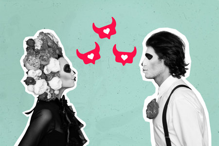 Creative poster collage of dead lovers couple kiss muertos mexican costumes halloween calavera catrina mariachi skeletons heart bubblesの写真素材