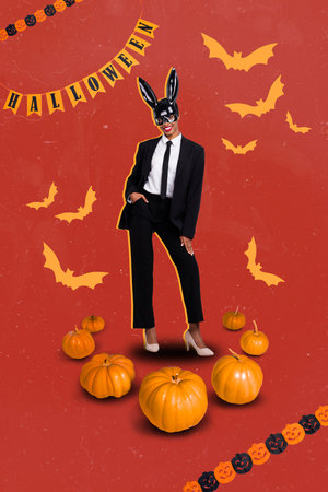 Composite collage picture image of woman wear elegant halloween costume suit playboy bunny mask party heels pumpkins bats sexy characterの写真素材