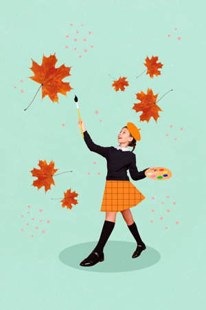Creative photo 3d collage poster postcard artwork of happy little girl arm dry leaves falling down isolated on drawing backgroundの写真素材