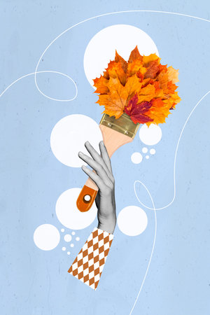 Collage photo of abstract creative imagination hand hold brush tassel autumn leaves fall season psychedelic message doodle isolated on painted backgroundの写真素材