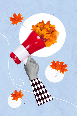 Collage photo of abstract hand hold loudspeaker microphone much leaves october fall season...