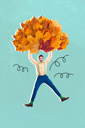 Creative photo 3d collage poster postcard artwork of happy young man hold big bunch dry leaves isolated on drawing backgroundの写真素材