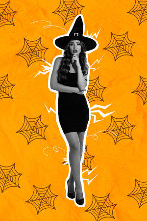 Creative trend collage of coquette sexy attractive woman witch halloween costume party shopping promo black dress hat heels spider webの写真素材