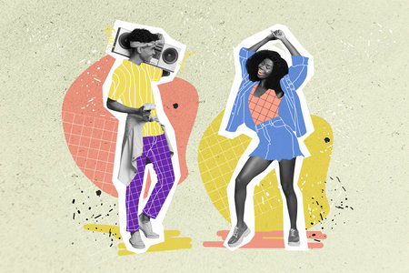 Collage photo of young couple together hold recorder music dancer hipster stylish painted clothes outfit summer chill isolated on drawing backgroundの写真素材