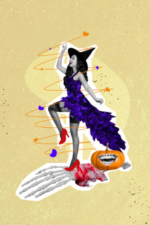 Vertical collage of smiling excited girl witch black white effect dancing big bloody hand skeleton isolated on creative backgroundの写真素材