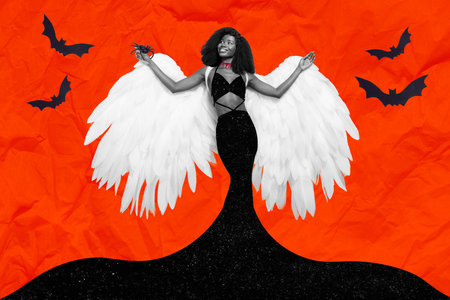 Composite collage image of gorgeous stunning woman witch fallen angel white beautiful wings dark evil queen flying bats halloween costumeの写真素材