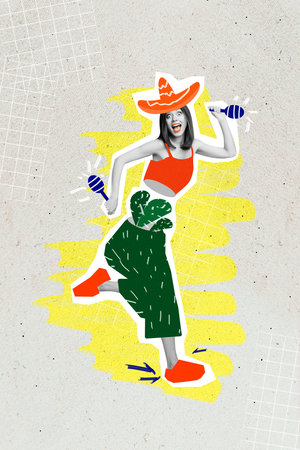 Creative drawing collage picture of positive optimistic young woman cactus pants sombrero shaking maracas dancing mexico theme partyの写真素材