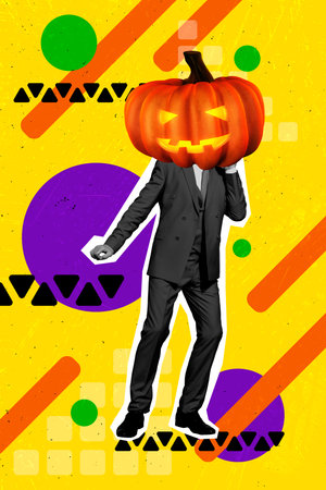 Creative 3d collage artwork postcard magazine sketch flier of young man boy pumpkin instead head isolated on painting orange backgroundの写真素材