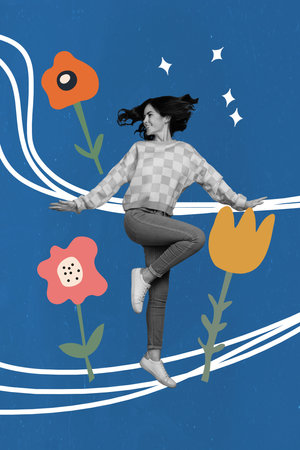 Creative 3d pop collage artwork poster sketch of attractive young lady jump walk step among flowers...