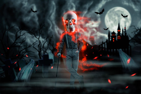 Creative 3d collage artwork postcard poster sketch of horrible person stylish dressed celebrate halloween isolated on painting backgroundの写真素材