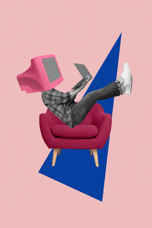 Creative photo 3d collage poster postcard artwork of young weird person tv set instead face sit furniture isolated on drawing backgroundの写真素材