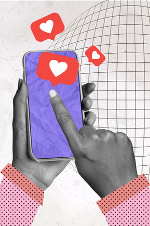 Creative abstract template collage of woman hands scrolling smartphone screen social media icons...