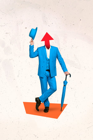 Vertical collage image of guy wear blue suit hand hold headwear umbrella growing arrow up instead head isolated on creative backgroundの写真素材