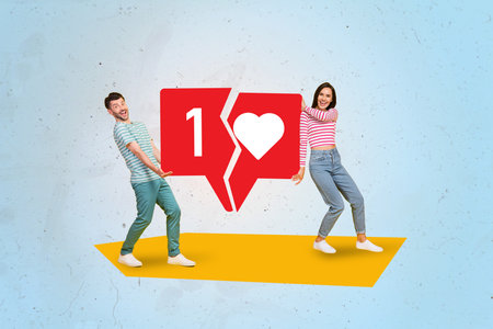 Composite collage illustration of two people arms hold big broken like notification isolated on...