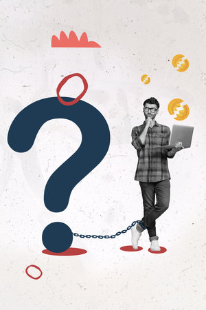 Photo sketch graphics artwork picture of unsure uncertain guy chained big question mark isolated...