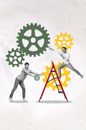 Creative retro 3d magazine image of funny funky guys creating new mechanic invention isolated...