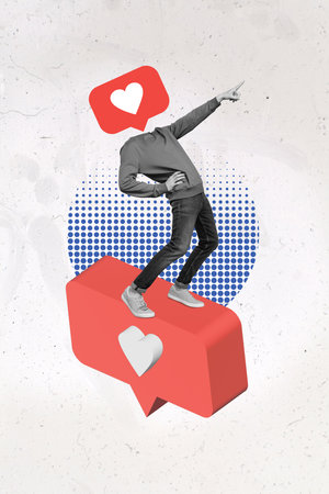 Vertical creative collage image of positive nab heart like notification bubble social media instead...