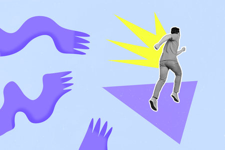 Composite collage illustration of drawing monsters chasing running guy black white gamma isolated on...