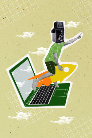 Creative artwork collage photo of funny funky man camera instead of head fly on fish from monitor...