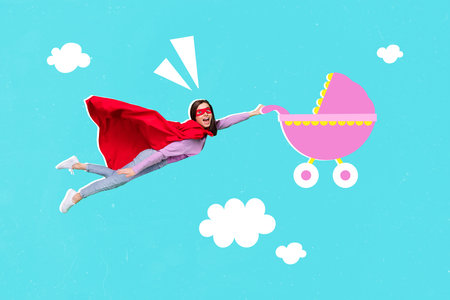 Creative collage photo of impressed excited gorgeous funny superhero girl flying hand hold baby carriage isolated on blue color backgroundの写真素材