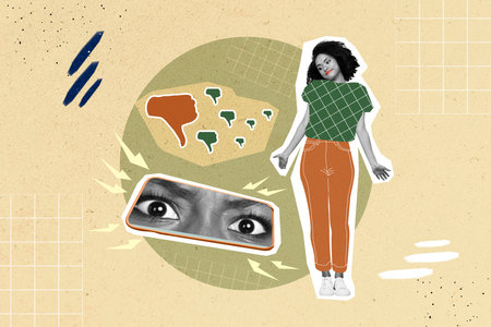 Creative artwork collage photo of upset unhappy woman get many dislikes on post video in social media isolated on beige color backgroundの写真素材