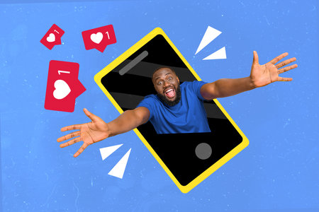 Creative collage picture of excited guy telephone screen raise arms invite receive like...