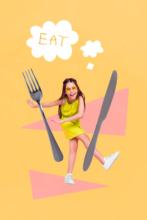 Vertical collage of overjoyed positive little girl dancing have fun big fork knife think eat food isolated on creative backgroundの写真素材