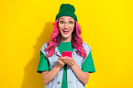Photo of astonished lady blogger wear green hat stylish outfit impressed popularity amount followers...