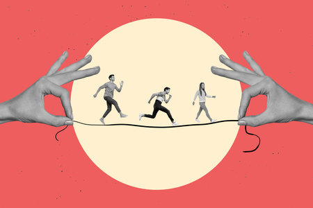 Creative drawing collage picture of company business team building walking hands hold tightrope keep balance start up take risk colleaguesの写真素材