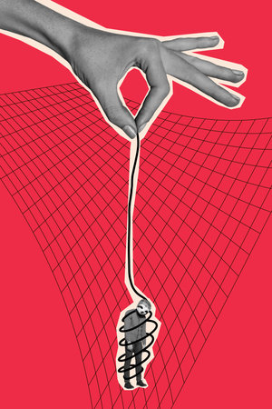 Creative photo 3d collage poster postcard artwork of frustrated exhausted tired personage rope around body isolated on drawing backgroundの写真素材