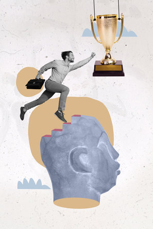 Creative photo 3d collage poster postcard artwork of motivated person want reach target business growth isolated on drawing backgroundの写真素材