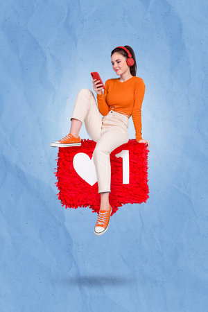 Vertical collage image of positive girl sit big like notification listen music use telephone...