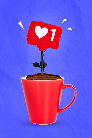 Creative photo 3d collage poster postcard of strange plant grows inside cup drink addicted users...