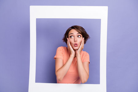 Portrait of afraid scared impressed lady arm face unexpected unbelievable reaction look empty space...